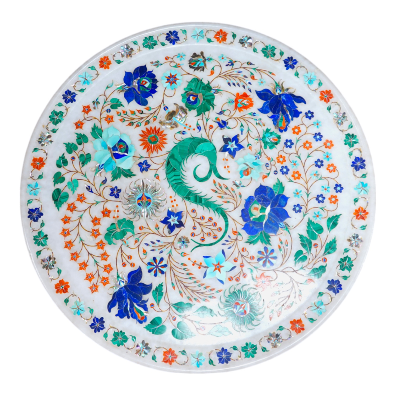 An Indian alabaster and pietra dura tray, inlaid with stylised flowers, 35cm in diameter. Condition - good